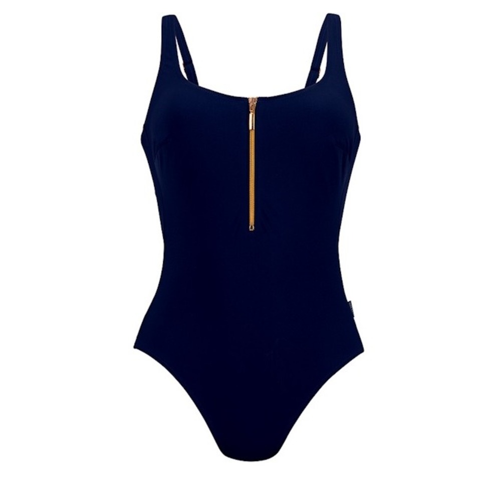 Rosa Faia NEW Women's Navy Elouise Front Gold Zip One Piece Swimsuit Sz 12/H Cup